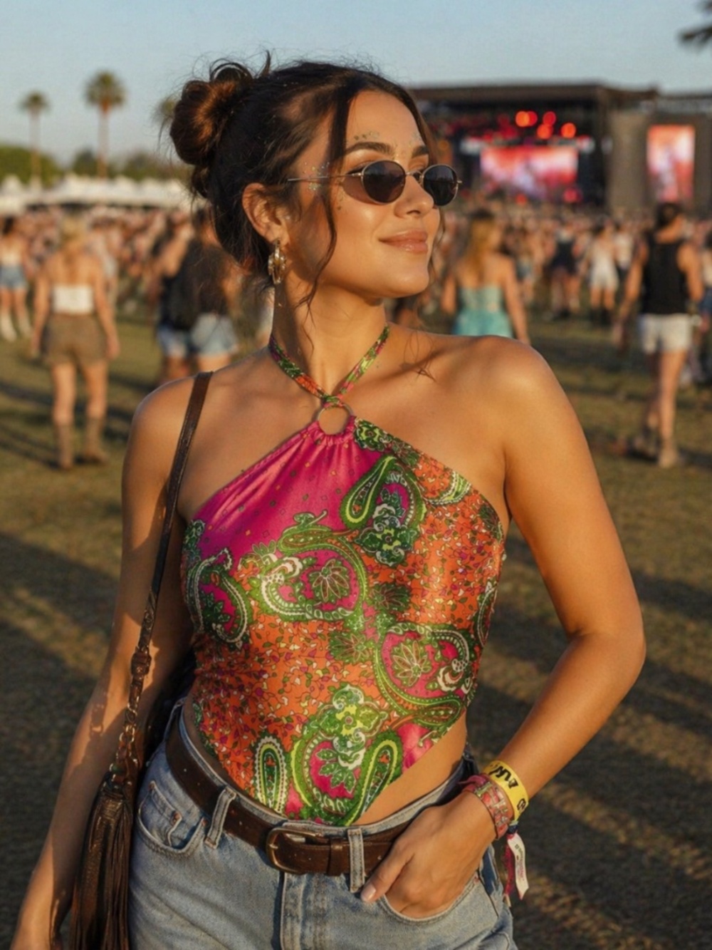 Dizzire Pink Satin Paisley Bandana Halter Top Size Small